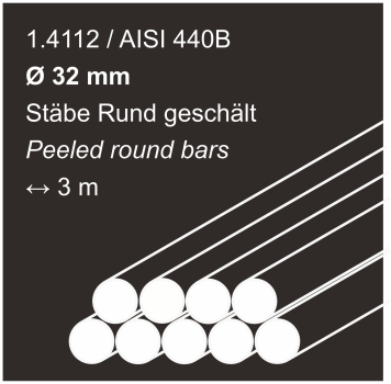 Edelstahlstäbe aus 1.4112 (440B), 32 mm Durchmesser, 3000 mm lang, auf braunem Hintergrund abgebildet